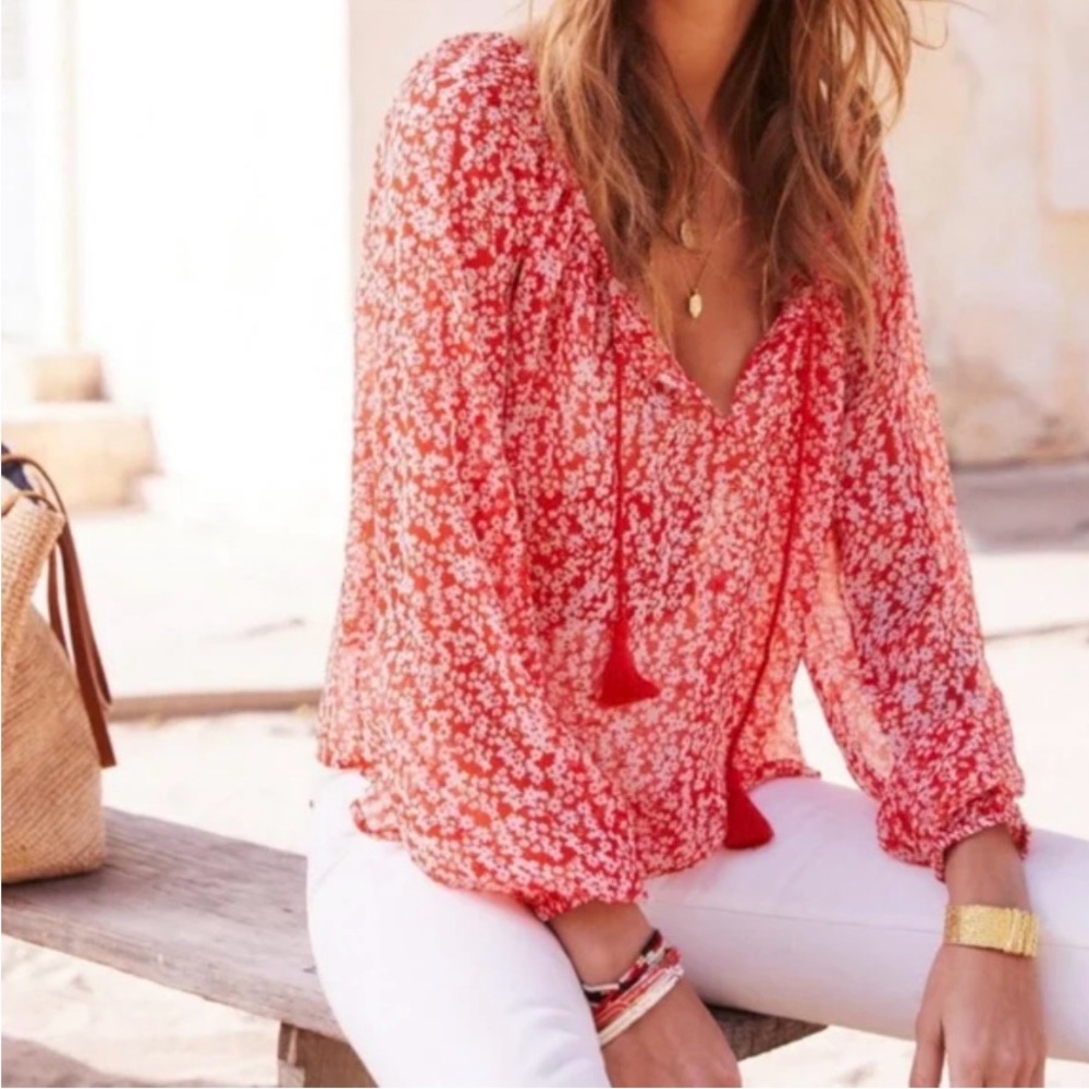 Sezane Alena Peasant Blouse Floral Reddish Orange Size FR 36 US Size 4